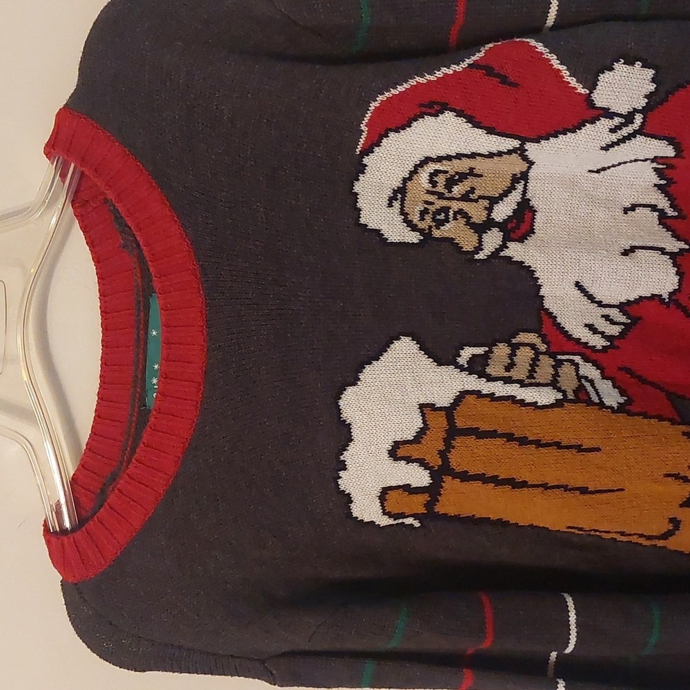 Ugly Christmas Sweater Dark Gray Red Multi Santa Holding A Tasty Beverage Sz L - Picture 5 of 16